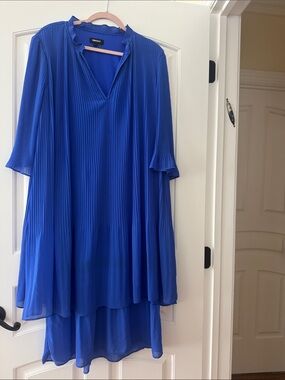 DKNY Electric Blue Pleated V-Neck Swing Dress
